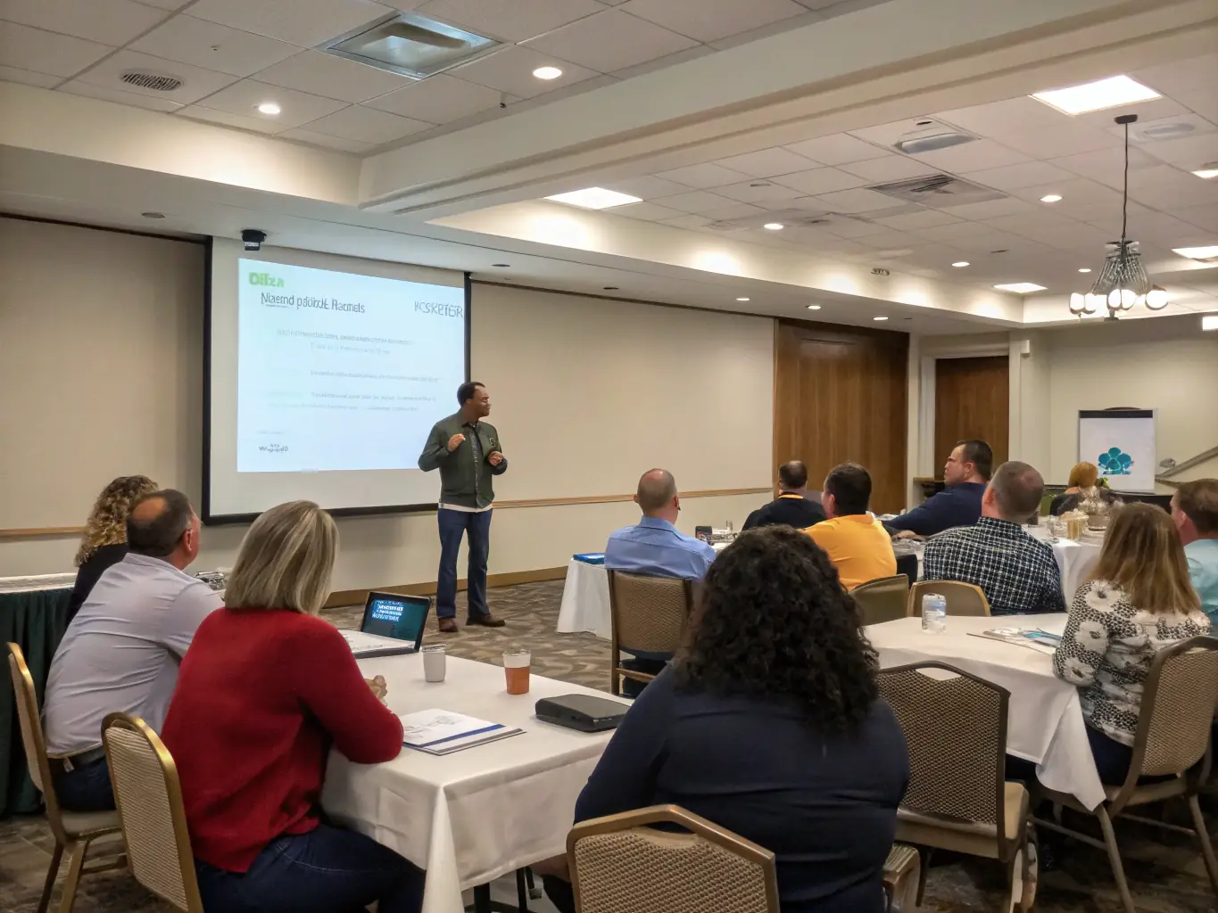 A group of employees participating in a workplace wellness seminar, focusing on stress management and healthy lifestyle choices, organized by ASMIS.