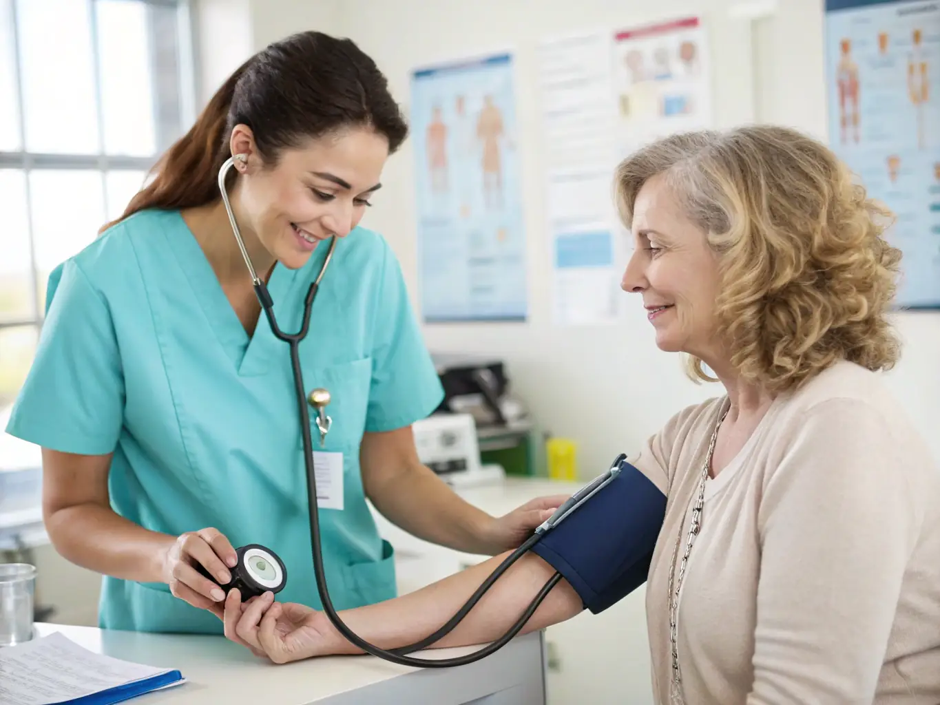 An image of a healthcare professional conducting a health check-up for an employee in a workplace setting, representing ASMIS's occupational health monitoring services.