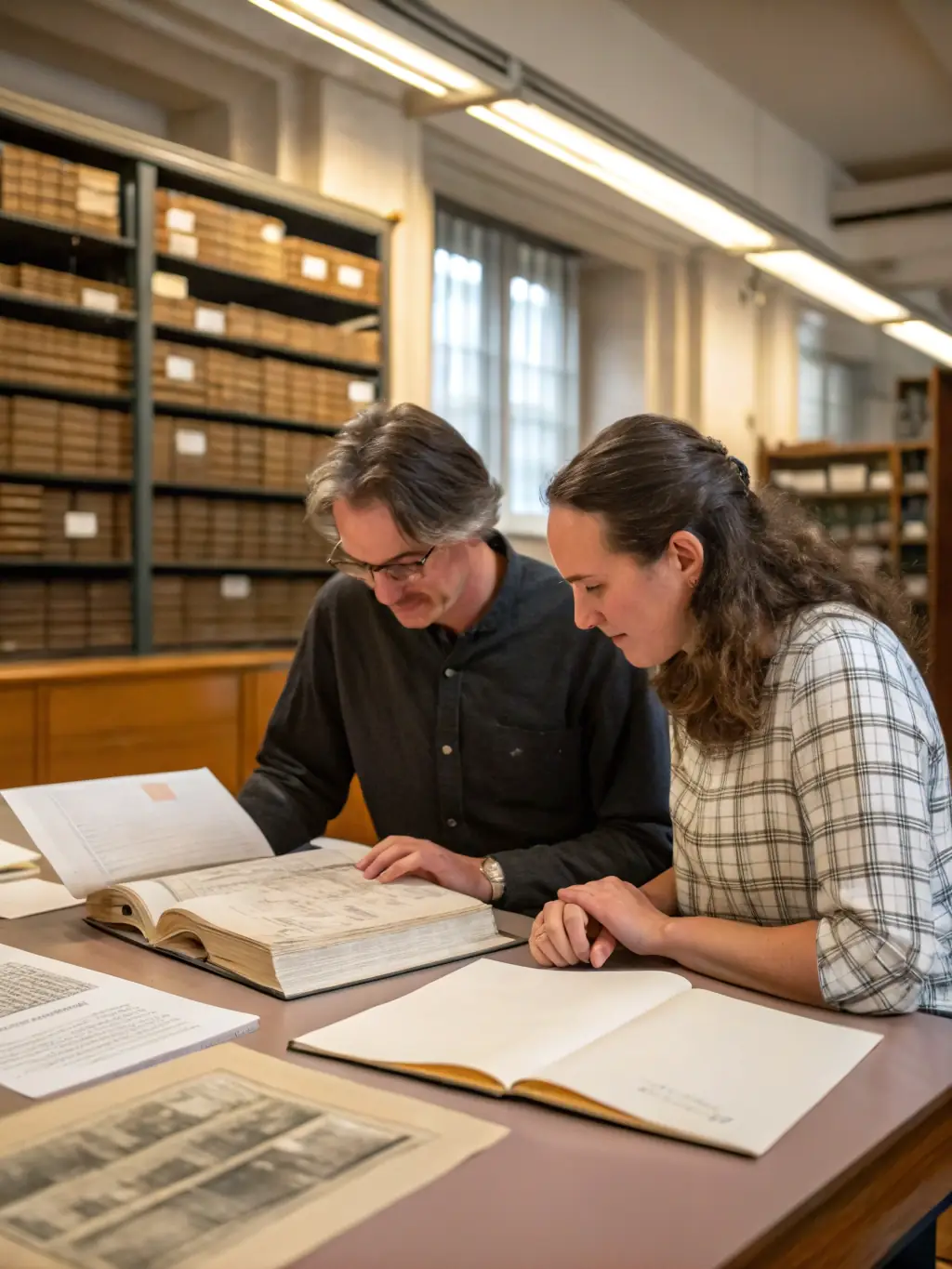 A focused shot of researchers examining archival materials related to contemporary art at FRAC, emphasizing the organization's commitment to art historical study.