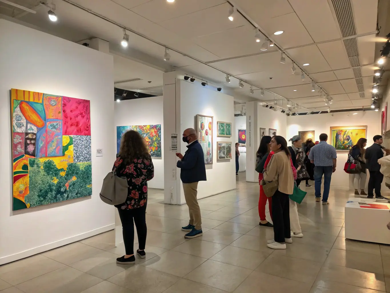 A photograph showcasing an exhibition opening at FRAC Pays de la Loire, with attendees admiring the displayed artworks and engaging in conversations.