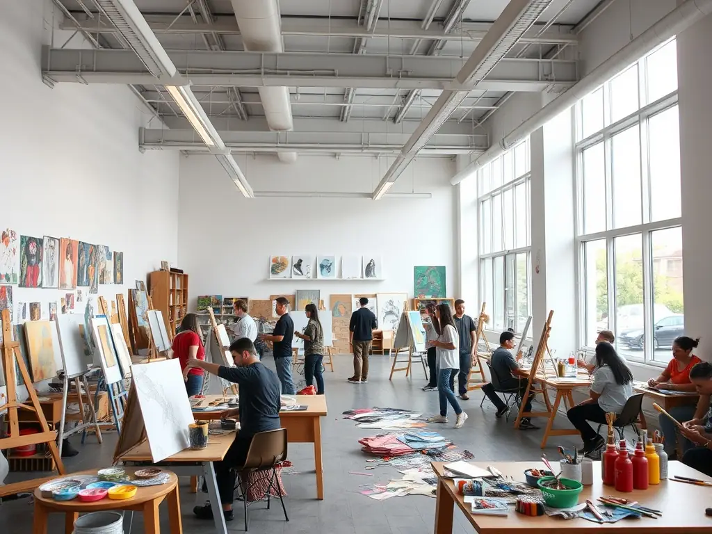 A photograph capturing a group of students participating in an interactive art workshop at FRAC Pays de la Loire, with an artist guiding them through the creative process.
