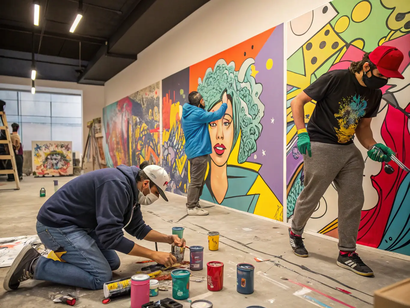 A photograph of artists working in their studios, supported by FRAC Pays de la Loire's residency program, showcasing the creative process and artistic development.