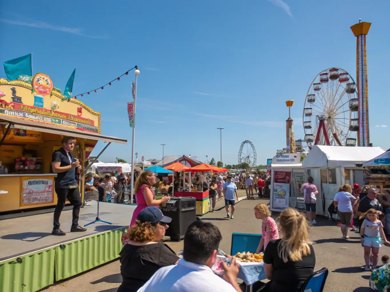 A cheerful image of community members participating in a local festival with music and food stalls, highlighting the leisure and community events organized by ABPGA.