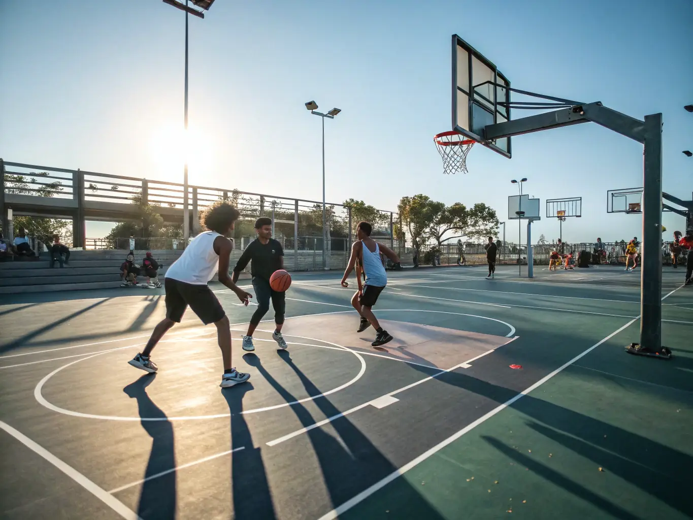 A lively image of members playing basketball on an outdoor court with coaches guiding young athletes, showcasing the sports and physical education programs at ABPGA.
