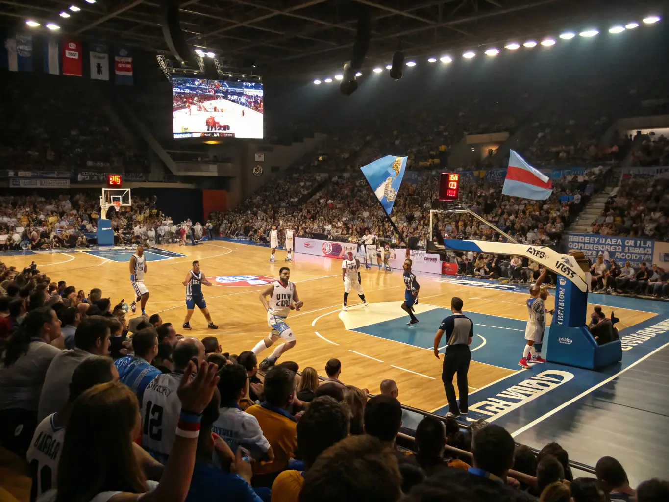 A vibrant image showcasing a basketball game in progress, with players in action and spectators cheering, capturing the energy and teamwork of ABPGA's sports program.